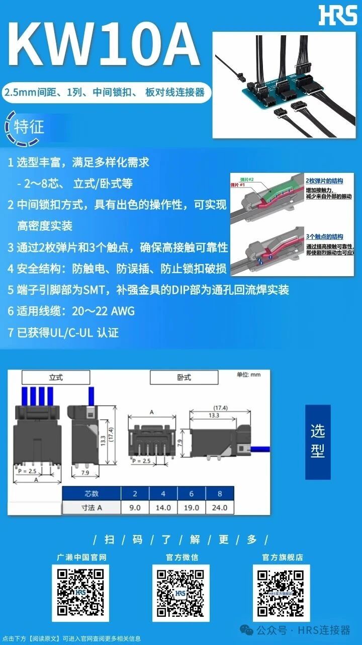 【产品推荐】2.5mm间距、1列、中间锁扣、板对线710寰宇连接器KW10A系列